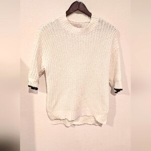 Loft Cotton White Open Knit Sweater with Black Trim Oversized Small